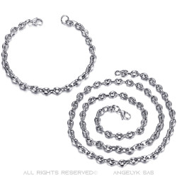 COH0024 BOBIJOO Jewelry Set Chain + Bracelet Coffee Bean Steel Silver