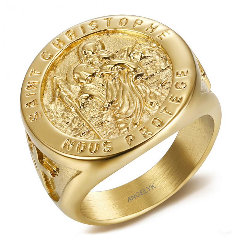 BA0378 BOBIJOO Jewelry Ring Signet ring, Saint Christopher Steel Gold