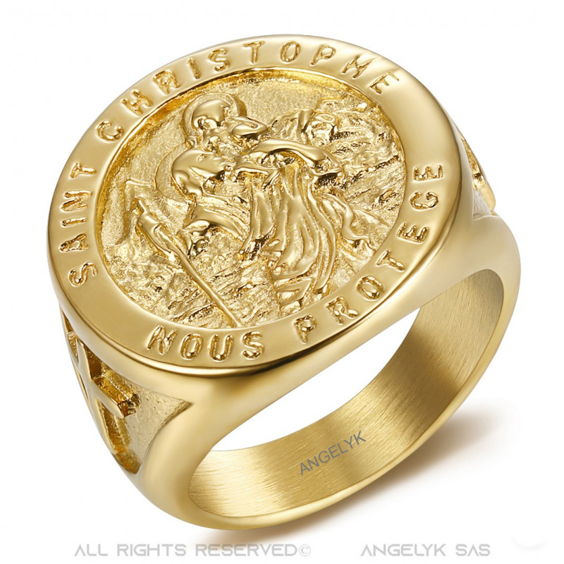 BOBIJOO Jewelry Ring Signet ring Saint Christopher Steel Gold 29 90