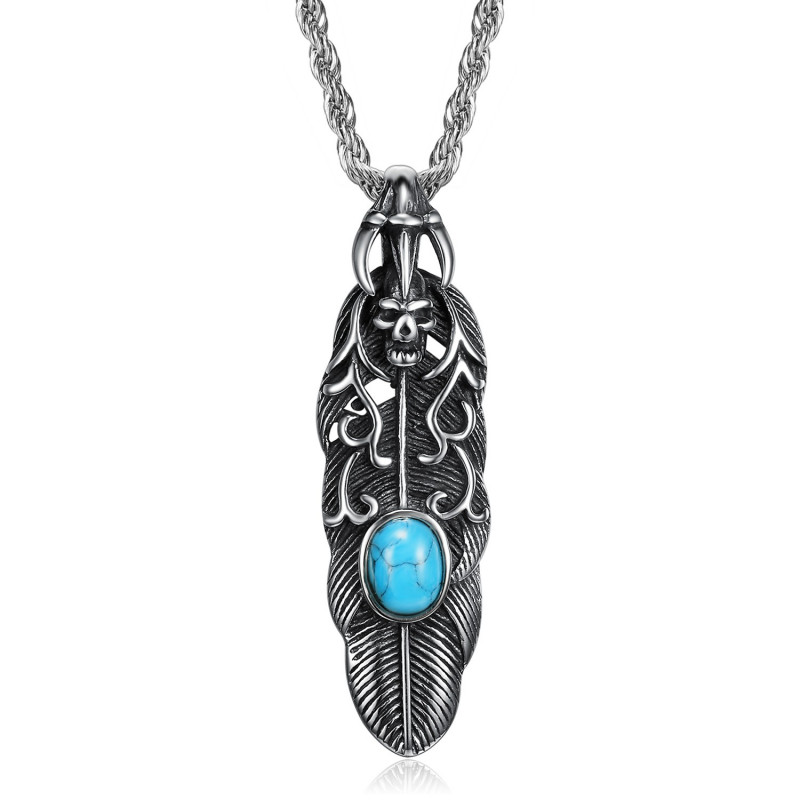 PE0291 BOBIJOO Jewelry Pendant Feather Skull Claw Biker Turquoise stainless Steel