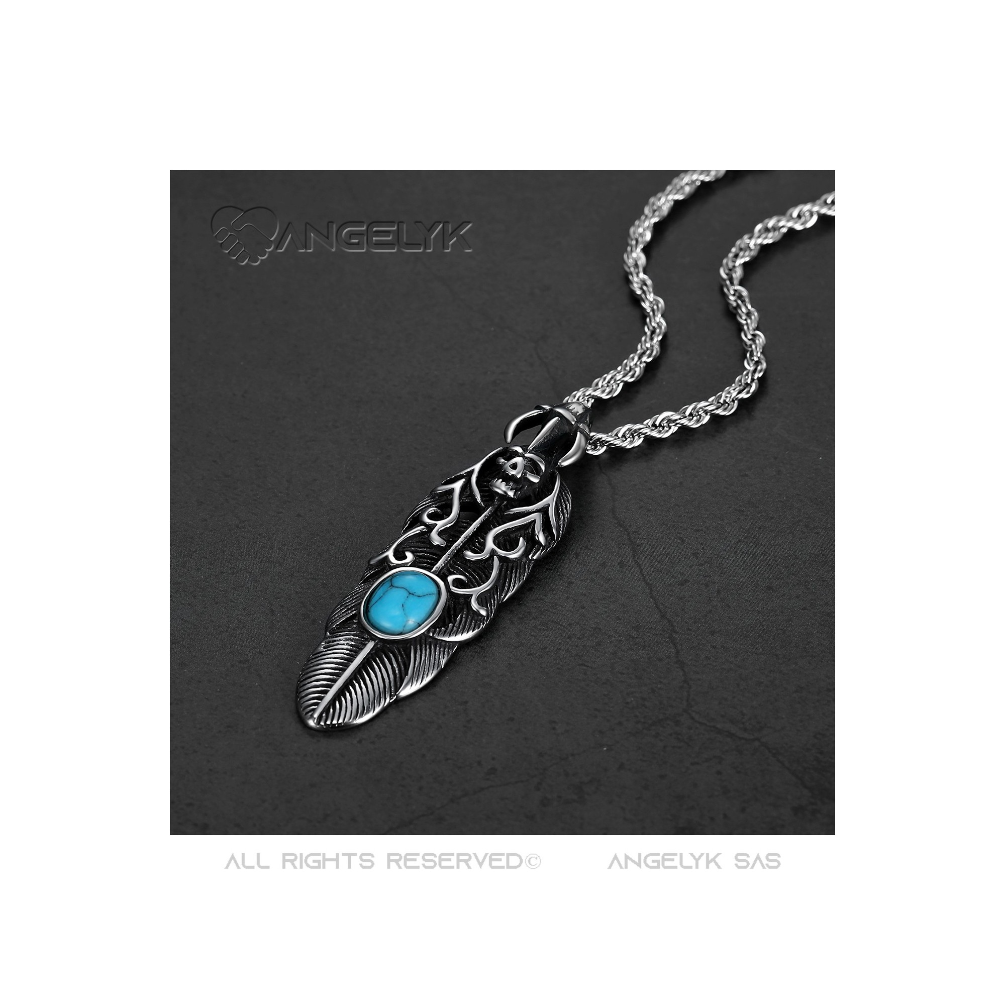 BOBIJOO Jewelry Pendentif Plume Crâne Griffe Biker Turquoise
