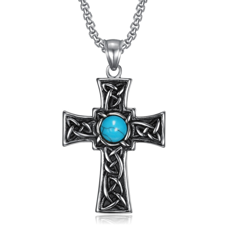 Pendentif Croix Latine Celte Breton Turquoise Acier bobijoo