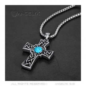 Pendentif Croix Latine Celte Breton Turquoise Acier bobijoo