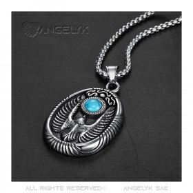 Pendentif Médaillon Oval Aigle Turquoise Acier 316L  bobijoo