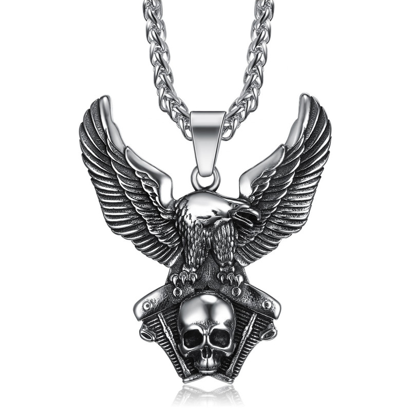 PE0285 BOBIJOO Jewelry Pendant of an Eagle on Engine V-Twin Skull Biker Triker