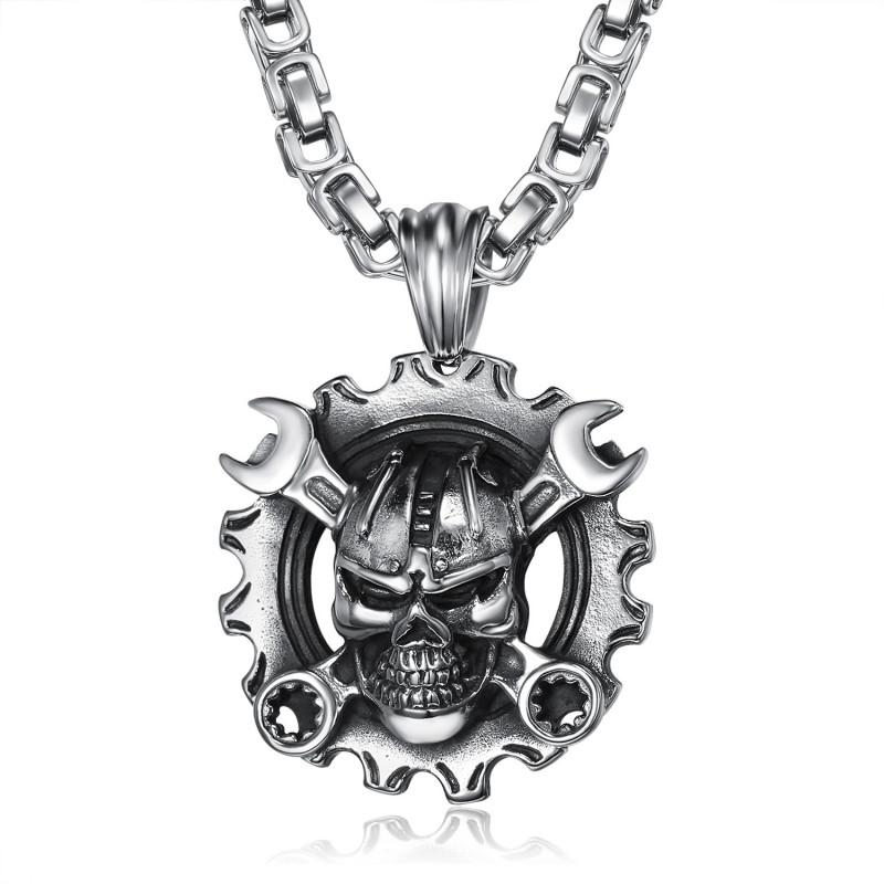 Pendentif Mécanicien Moto Biker Skull Grosse Chaîne bobijoo