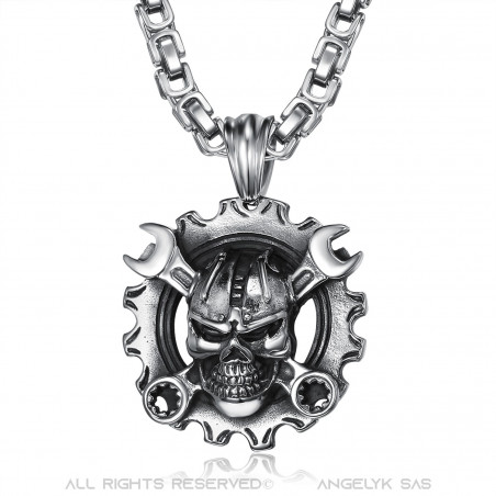 Pendentif Mécanicien Moto Biker Skull Grosse Chaîne bobijoo