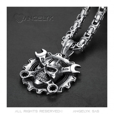 Pendentif Mécanicien Moto Biker Skull Grosse Chaîne bobijoo