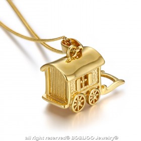 Pendentif Collier Roulotte Caravane Voyageur Acier Or bobijoo