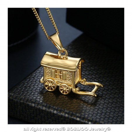 PE0197 BOBIJOO Jewelry Pendant Necklace Trailer Caravan Traveller Steel Gold