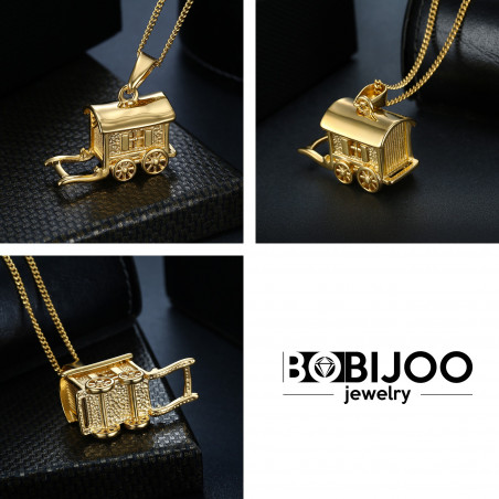 PE0197 BOBIJOO Jewelry Pendant Necklace Trailer Caravan Traveller Steel Gold