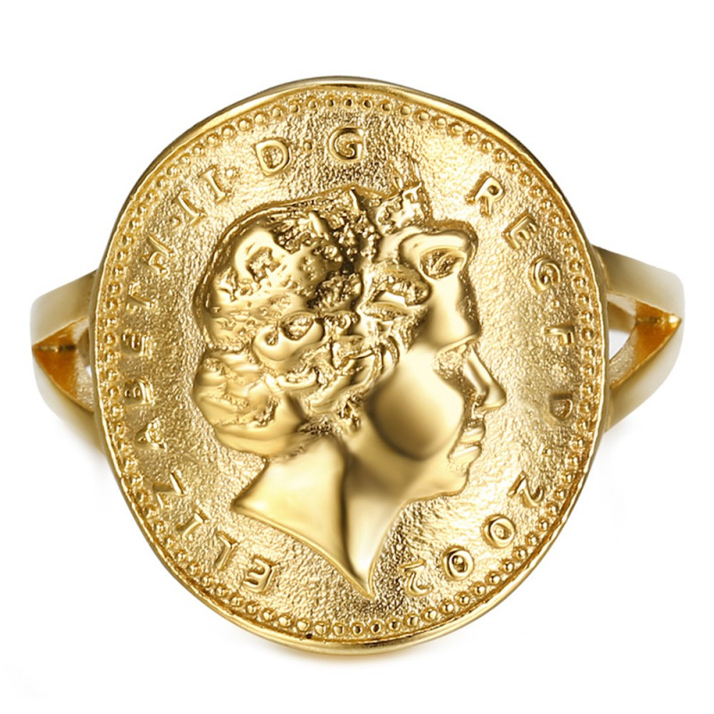 BAF0042 BOBIJOO Jewelry Anillo Curva 1 Centavo Isabel II de Acero Brillante de Oro