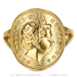 BAF0042 BOBIJOO Gioielli Anello Curva 1 Centesimo Elisabetta II in Acciaio Oro Brillante