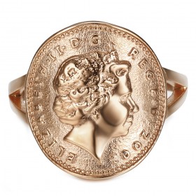 BAF0043 BOBIJOO Gioielli Anello Curva 1 Centesimo Elisabetta II in Acciaio Oro Rosa Lucido