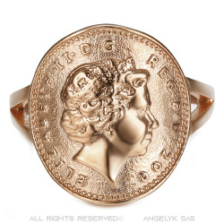 BAF0043 BOBIJOO Jewelry Anillo Curva 1 Centavo Isabel II de Acero Oro Rosa Brillante