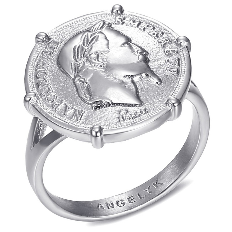 Bague Chevalière Sertie Griffée Napoleon III Pièce Louis Argent bobijoo