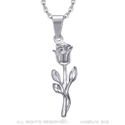 Pendentif Collier Fleur Rose Amour Acier Argent bobijoo