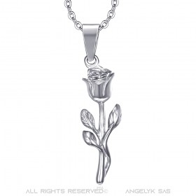 Pendentif Collier Fleur Rose Amour Acier Argent bobijoo