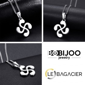 Croix basque bijoux, Pendentif collier Acier argent et Chaîne bobijoo