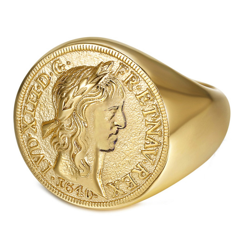 BA0388 BOBIJOO Gioielli Anello con sigillo Louis XIII Louis d'Or in acciaio dorato