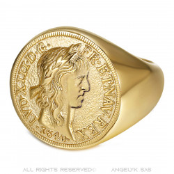 BA0388 BOBIJOO Gioielli Anello con sigillo Louis XIII Louis d'Or in acciaio dorato