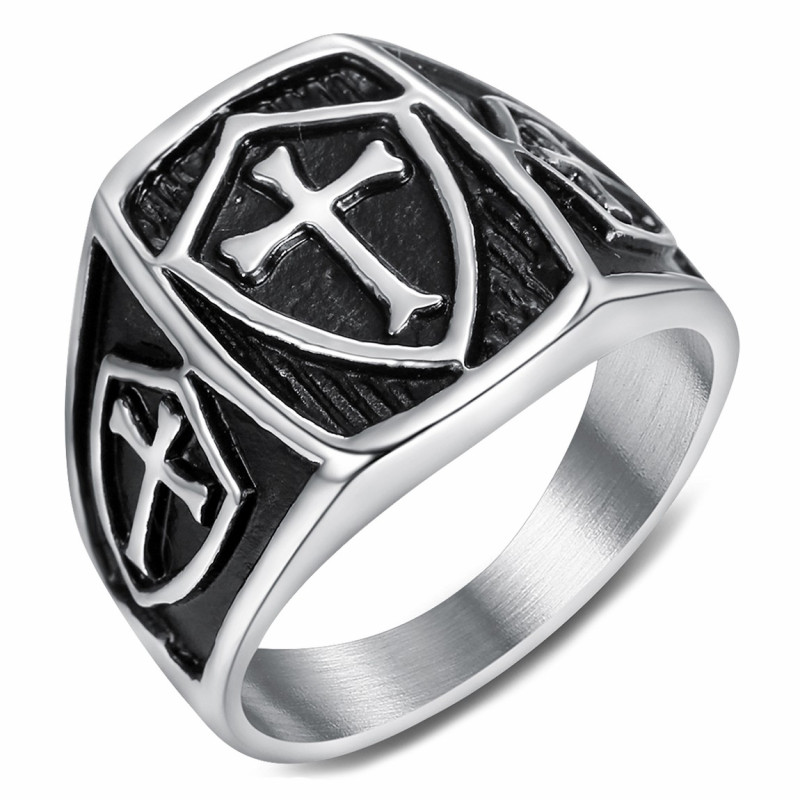 BA0164 BOBIJOO Jewelry Anillo de Sello Escudo Cruz Templaria Plata