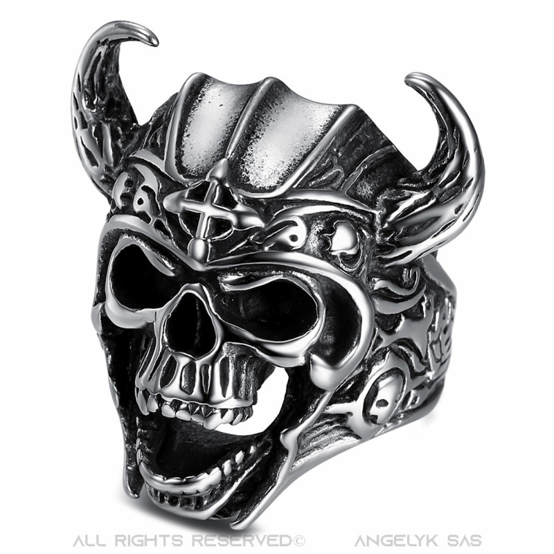 BOBIJOO Jewelry Bague Chevaliere Biker Belier Tete de Mort Acier 19 90