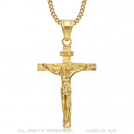PE0006 BOBIJOO JEWELRY Collana con ciondolo croce di Gesù Cristo in acciaio 316L oro