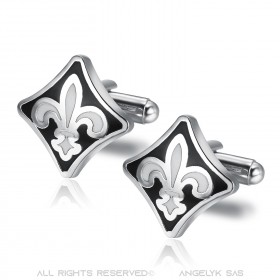 Boutons de Manchette Fleur de Lys Argent Noir Blanc bobijoo