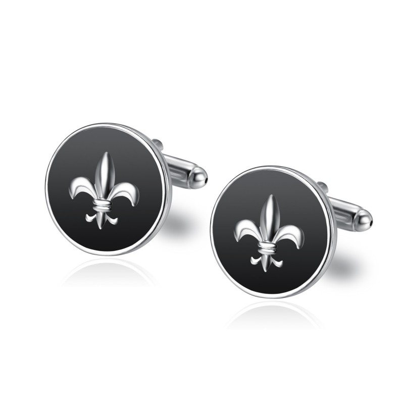 BM0023 BOBIJOO Jewelry Cufflinks Round Black Silver Fleur-de-Lys