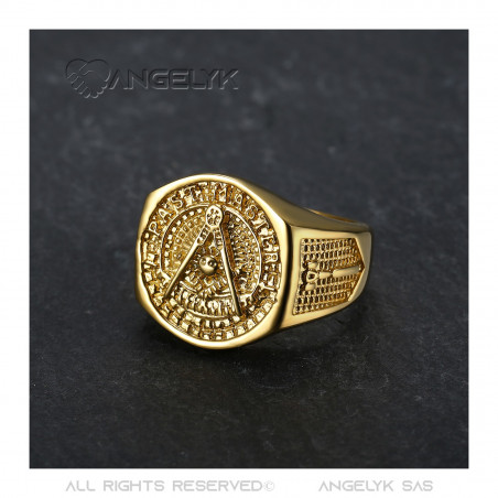 BA0011 BOBIJOO Jewelry Chevaliere Ring Steel Gilded Gold Fine Freemasonry