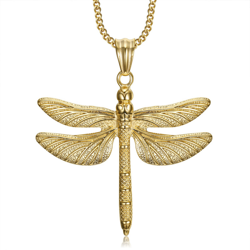 PEF0009 BOBIJOO Jewelry Large Dragonfly Pendant Necklace 316L Steel Gold