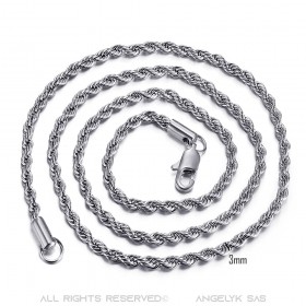 Chaîne Collier Maille Torsadé Corde 3mm 55cm Acier Argent bobijoo