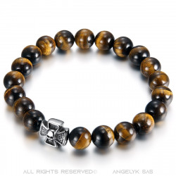 Bracelet Stone Tiger Eye Cross Pattee Templar Skull  IM#18846