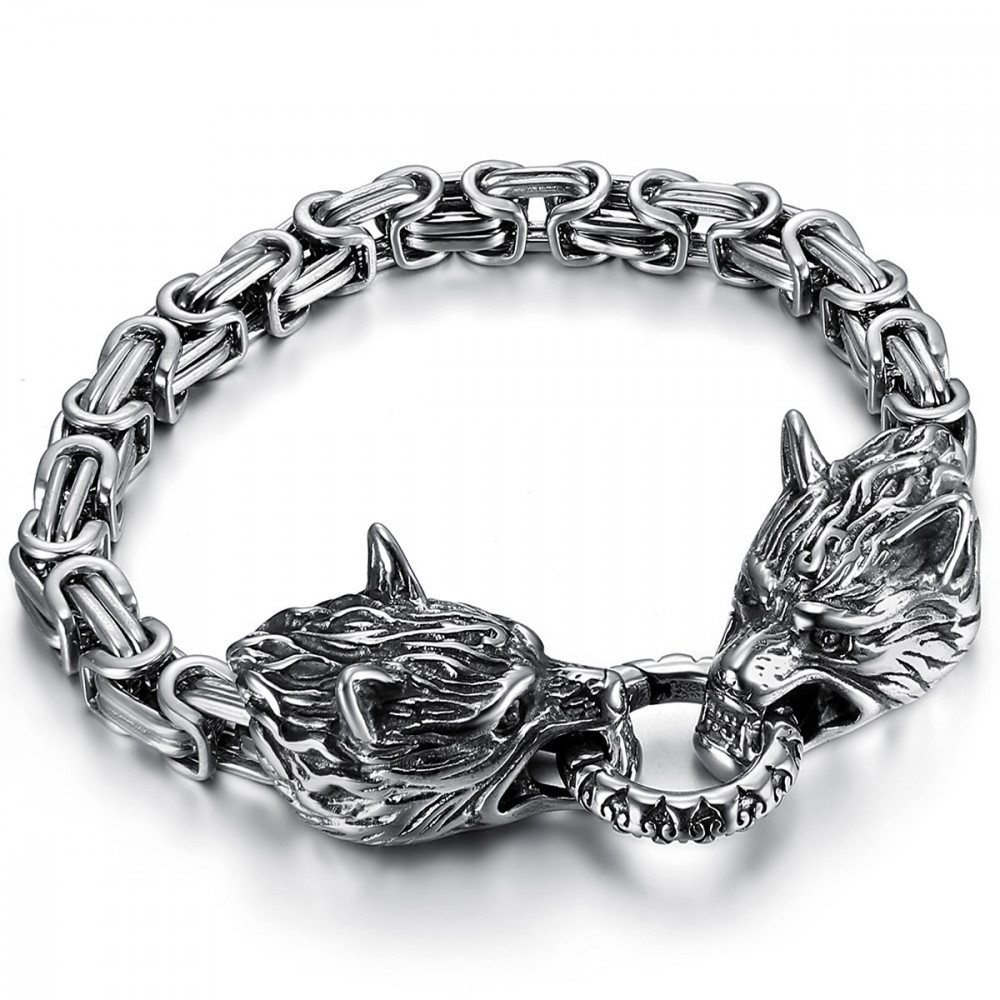 Bracelet Viking Tête de Loup Acier Inoxydable haute qualité 
