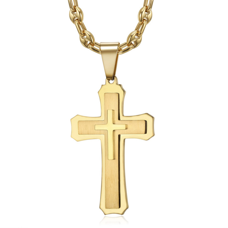 PE0208CAF BOBIJOO Jewelry Herren Kreuz Anhänger Stahl Gold Kaffeebohnen Halskette