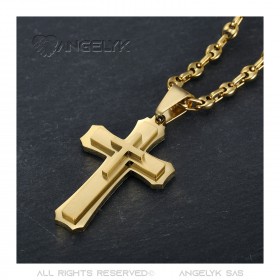 PE0208CAF BOBIJOO Jewelry Men's cross pendant Steel Gold Coffee bean necklace