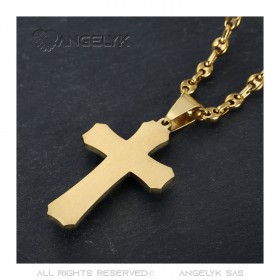 PE0208CAF BOBIJOO Jewelry Men's cross pendant Steel Gold Coffee bean necklace