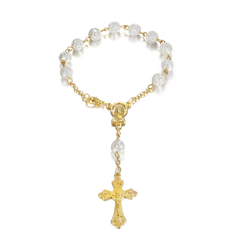 CP0051NEW BOBIJOO Jewelry Gold car rosary and white roses