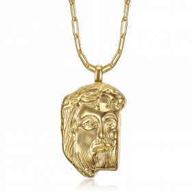 PE0104 BOBIJOO Jewelry Gold Jesus Christ head pendant and paperclip chain