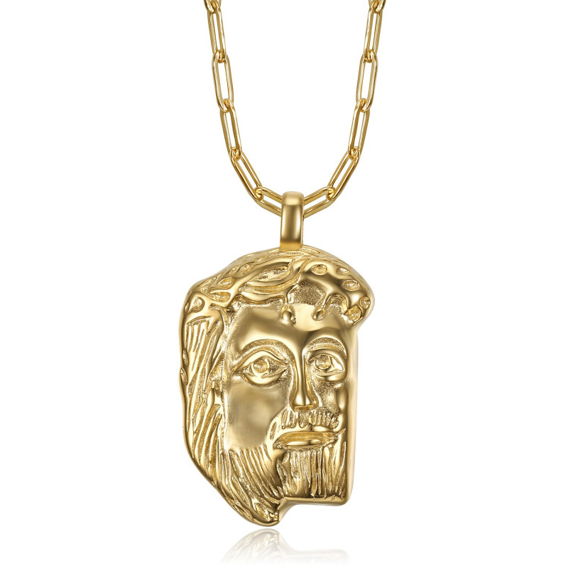 PE0104 BOBIJOO Jewelry Gold Jesus Christ head pendant and paperclip chain