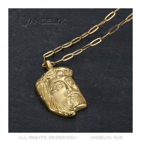PE0104 BOBIJOO Jewelry Gold Jesus Christ head pendant and paperclip chain