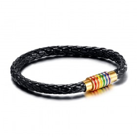 Bracelet LGBT Cuir Noir Tressé Acier Or bobijoo