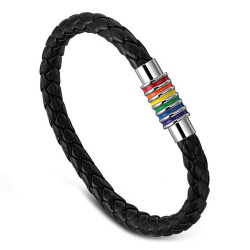 Bracelet LGBT Cuir Noir Tressé Acier Argent bobijoo