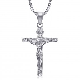 Pendentif Croix Jésus Christ Acier Argent et Chaîne bobijoo