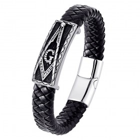 Men's Freemason Bracelet Black Leather Stainless Steel bobijoo