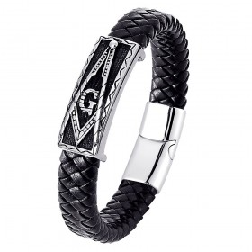 Pulsera Masón Hombre Cuero Negro Acero Inoxidable bobijoo