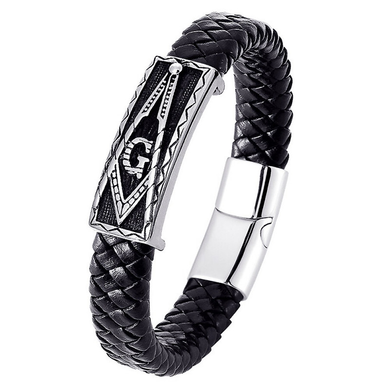 Bracelet Franc-Maçon Homme Cuir noir Acier Inoxydable bobijoo