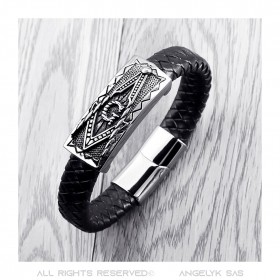 Herren-Freimaurer-Armband aus schwarzem Leder und Edelstahl bobijoo