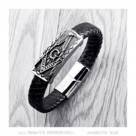 Pulsera Masón Hombre Cuero Negro Acero Inoxidable bobijoo